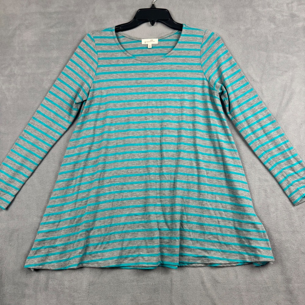 Puella Womens XS Gray Turquoise Striped Long Sleeve Swing Tunic Top A-Line Scoop